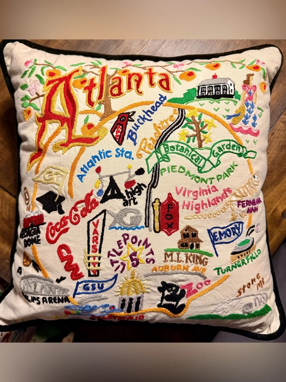 Catstudio Hand Embroidered Atlanta Landmark Accent Pillow — Old School ATL